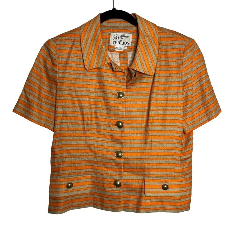 Rickie Freeman for Teri Jon Linen Short Sleeve Blazer‎ Orange Brown Striped 6